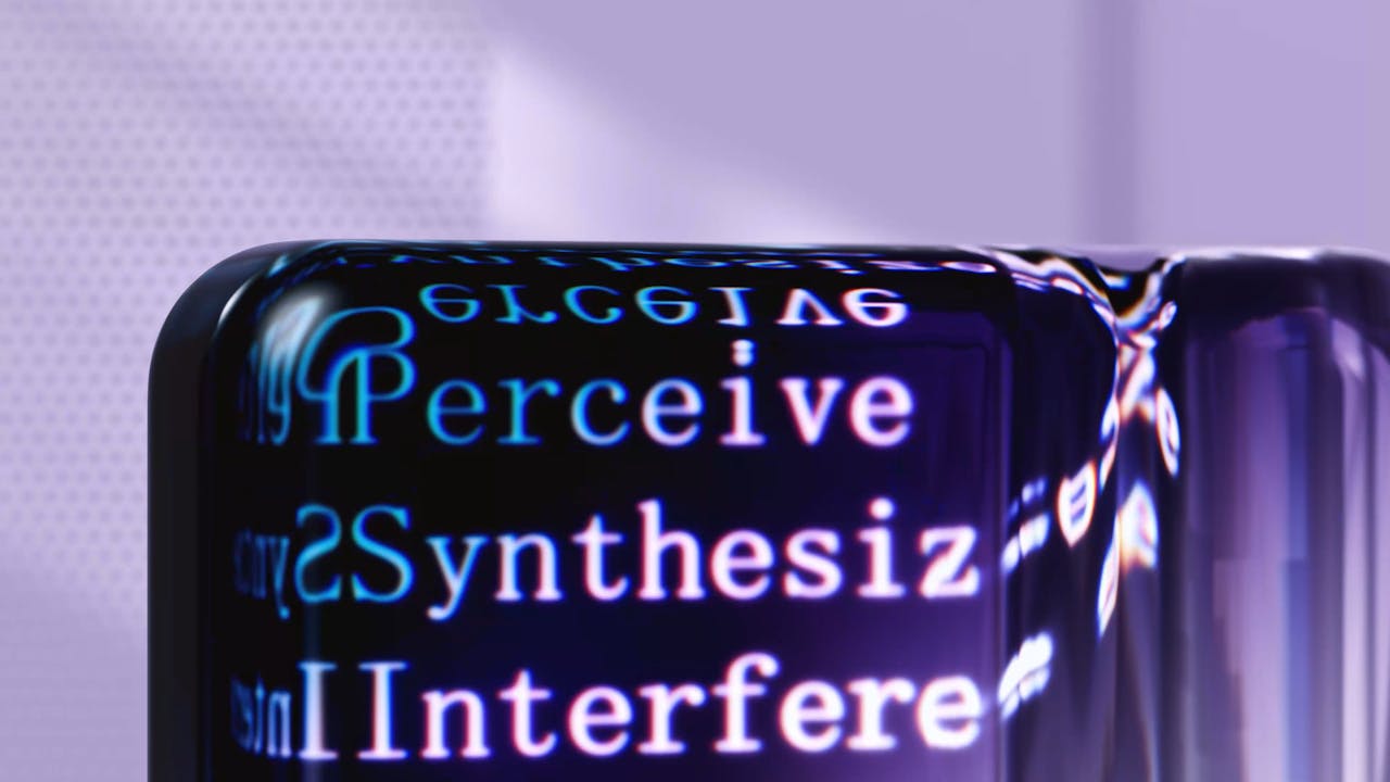 Futuristic abstract artwork showcasing AI concepts with digital text overlays.